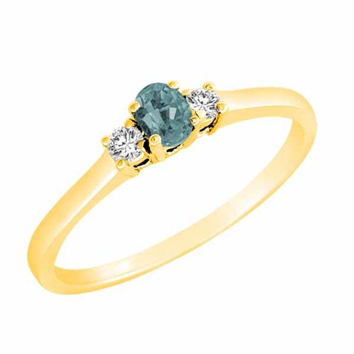 10K Yellow Gold 3 Stone Oval Aquamarine and Round Diamond Ring (0.25 cttw)
