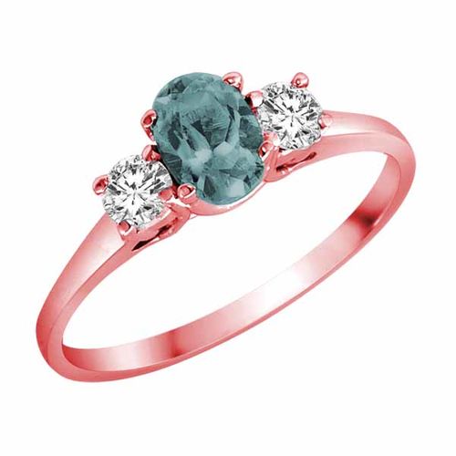 14K Rose Gold 3 Stone Oval Aquamarine and Round Diamond Ring (0.45 cttw)