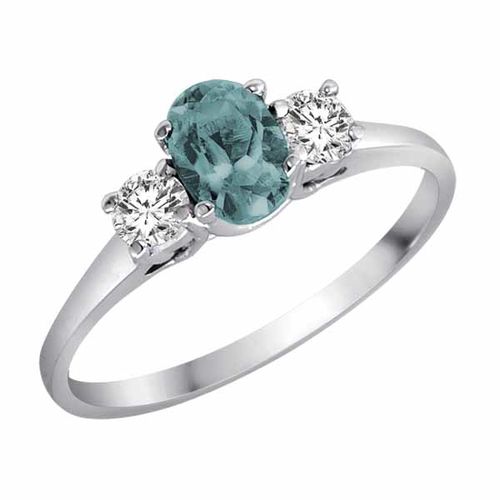 Platinum 3 Stone Oval Aquamarine and Round Diamond Ring (0.45 cttw)