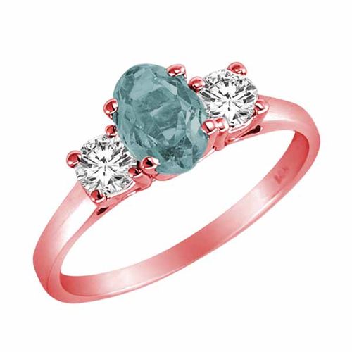 14K Rose Gold 3 Stone Oval Aquamarine and Round Diamond Ring (0.95 cttw)