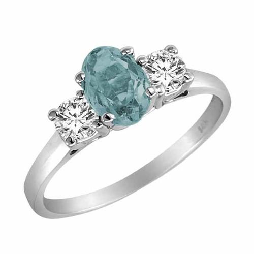 Platinum 3 Stone Oval Aquamarine and Round Diamond Ring (0.95 cttw)
