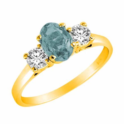 10K Yellow Gold 3 Stone Oval Aquamarine and Round Diamond Ring (0.95 cttw)