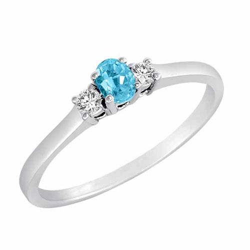 Sterling Silver 3 Stone Oval Blue Topaz and Round Diamond Ring (0.25 cttw)