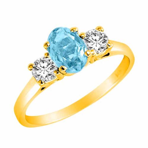 14K Yellow Gold 3 Stone Oval Blue Topaz and Round Diamond Ring (0.95 cttw)
