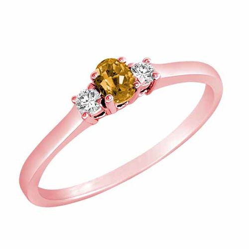 10K Rose Gold 3 Stone Oval Citrine and Round Diamond Ring (0.25 cttw)
