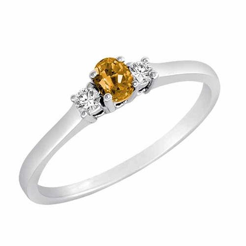 10K White Gold 3 Stone Oval Citrine and Round Diamond Ring (0.25 cttw)
