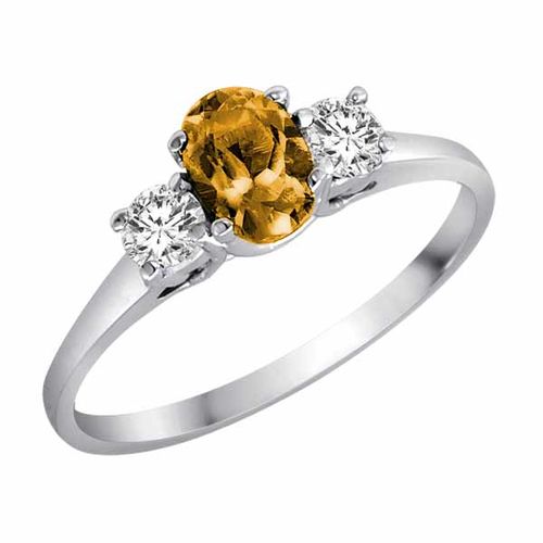 10K White Gold 3 Stone Oval Citrine and Round Diamond Ring (0.45 cttw)