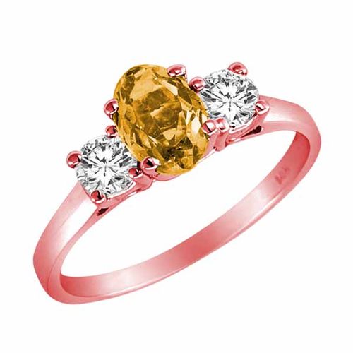 14K Rose Gold 3 Stone Oval Citrine and Round Diamond Ring (0.95 cttw)