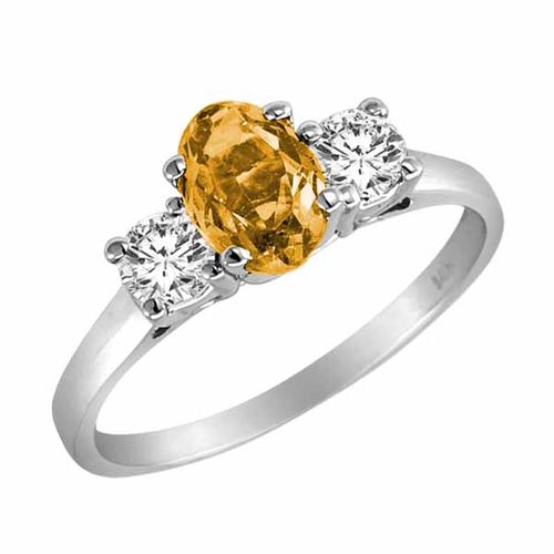 Sterling Silver 3 Stone Oval Citrine and Round Diamond Ring (0.95 cttw)