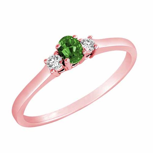 10K Rose Gold 3 Stone Oval Emerald and Round Diamond Ring (0.25 cttw)