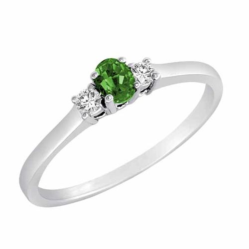 10K White Gold 3 Stone Oval Emerald and Round Diamond Ring (0.25 cttw)