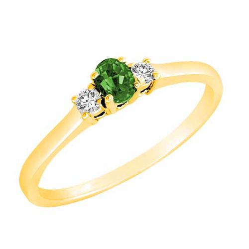 18K Yellow Gold 3 Stone Oval Emerald and Round Diamond Ring (0.25 cttw)