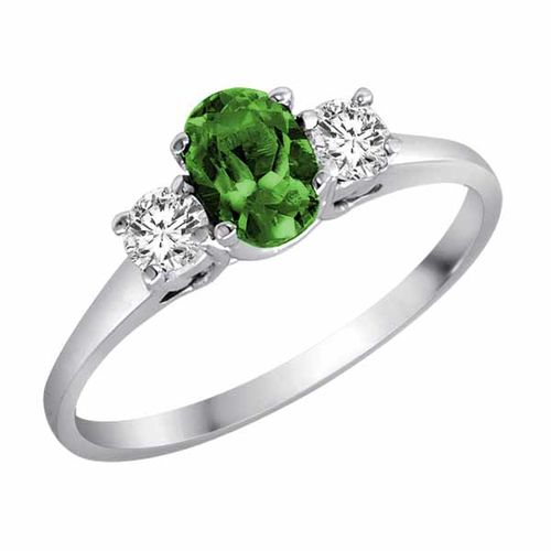 18K White Gold 3 Stone Oval Emerald and Round Diamond Ring (0.45 cttw)