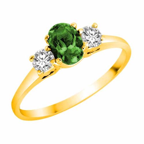 14K Yellow Gold 3 Stone Oval Emerald and Round Diamond Ring (0.45 cttw)