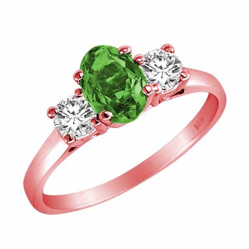 14K Rose Gold 3 Stone Oval Emerald and Round Diamond Ring (0.95 cttw)