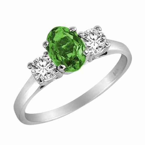 Sterling Silver 3 Stone Oval Emerald and Round Diamond Ring (0.95 cttw)