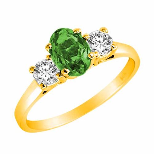 18K Yellow Gold 3 Stone Oval Emerald and Round Diamond Ring (0.95 cttw)