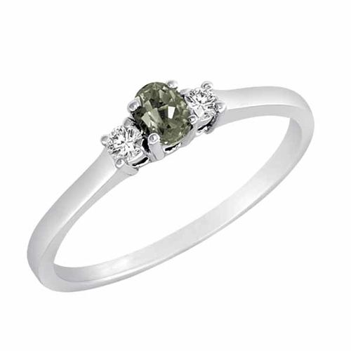 18K White Gold 3 Stone Oval Green Amethyst and Round Diamond Ring (0.25 cttw)