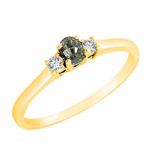 14K Yellow Gold 3 Stone Oval Green Amethyst and Round Diamond Ring (0.25 cttw)