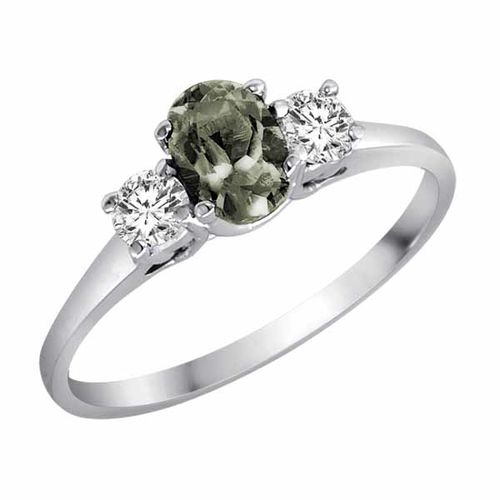 10K White Gold 3 Stone Oval Green Amethyst and Round Diamond Ring (0.45 cttw)