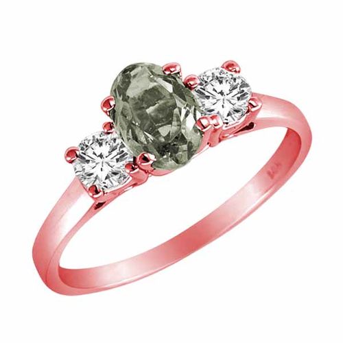 10K Rose Gold 3 Stone Oval Green Amethyst and Round Diamond Ring (0.95 cttw)