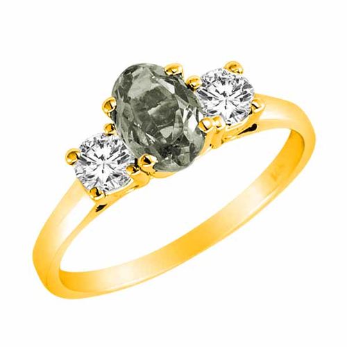 14K Yellow Gold 3 Stone Oval Green Amethyst and Round Diamond Ring (0.95 cttw)