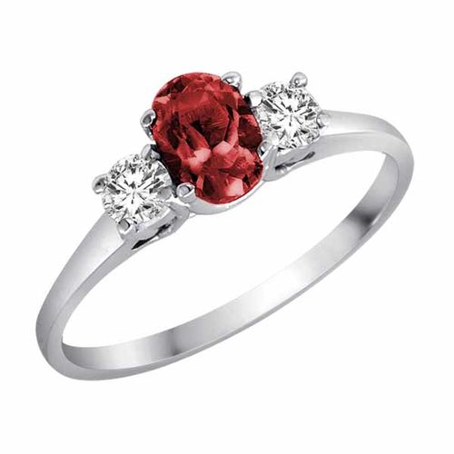 10K White Gold 3 Stone Oval Garnet and Round Diamond Ring (0.45 cttw)