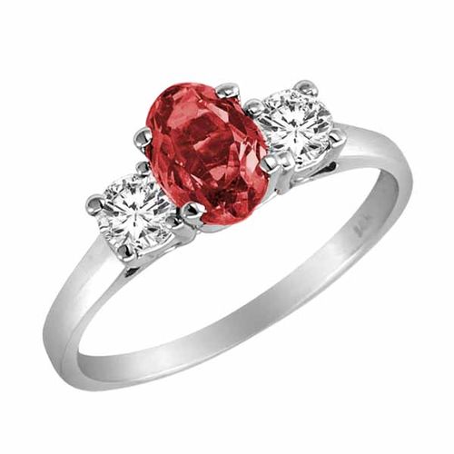 18K White Gold 3 Stone Oval Garnet and Round Diamond Ring (0.95 cttw)