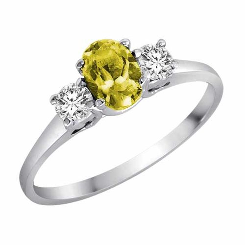 14K White Gold 3 Stone Oval Lemon Quartz and Round Diamond Ring (0.45 cttw)