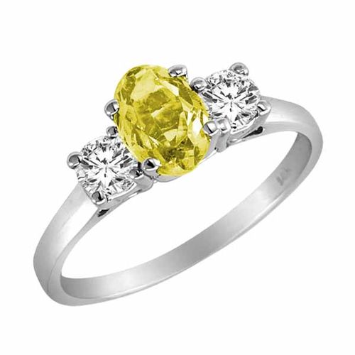 10K White Gold 3 Stone Oval Lemon Quartz and Round Diamond Ring (0.95 cttw)