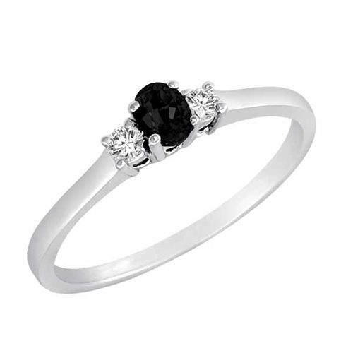 Sterling Silver 3 Stone Oval Onyx and Round Diamond Ring (0.25 cttw)