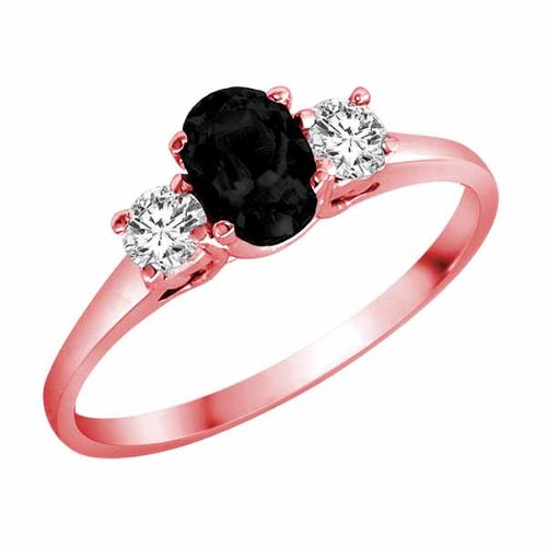 10K Rose Gold 3 Stone Oval Onyx and Round Diamond Ring (0.45 cttw)