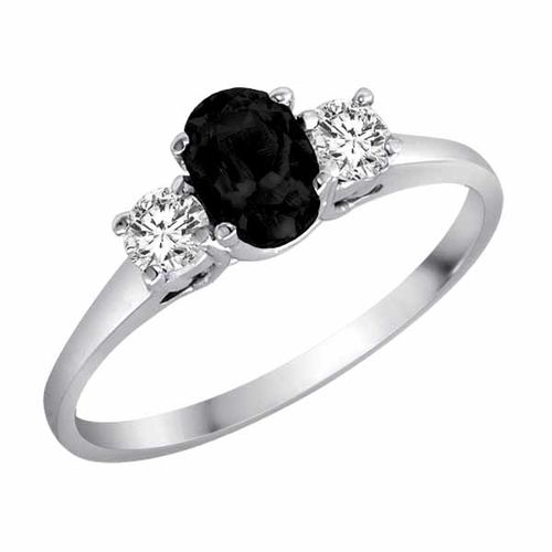 18K White Gold 3 Stone Oval Onyx and Round Diamond Ring (0.45 cttw)