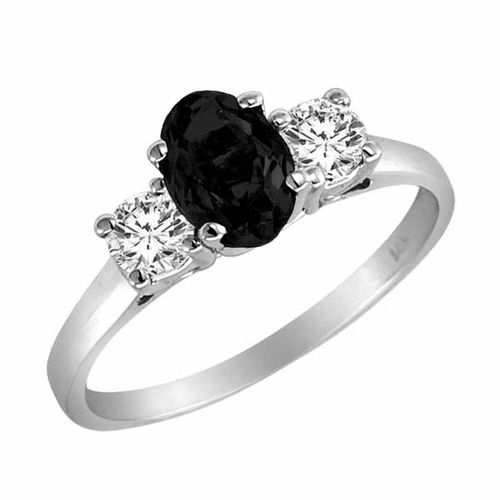 Platinum 3 Stone Oval Onyx and Round Diamond Ring (0.95 cttw)
