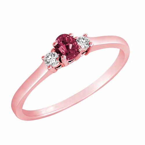 10K Rose Gold 3 Stone Oval Created Pink Tourmaline and Round Diamond Ring (0.25 cttw)
