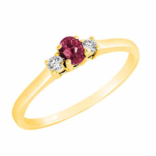 10K Yellow Gold 3 Stone Oval Created Pink Tourmaline and Round Diamond Ring (0.25 cttw)