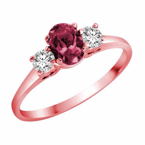 18K Rose Gold 3 Stone Oval Created Pink Tourmaline and Round Diamond Ring (0.45 cttw)