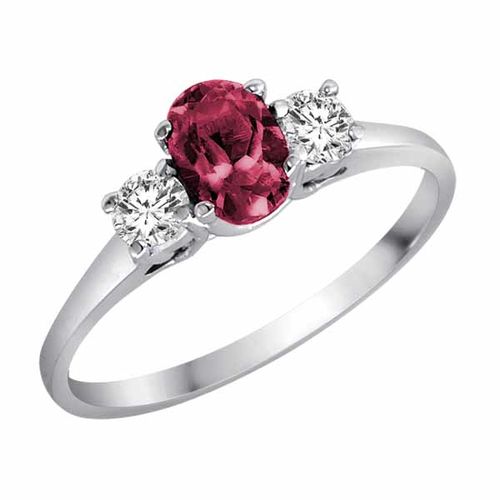 18K White Gold 3 Stone Oval Created Pink Tourmaline and Round Diamond Ring (0.45 cttw)