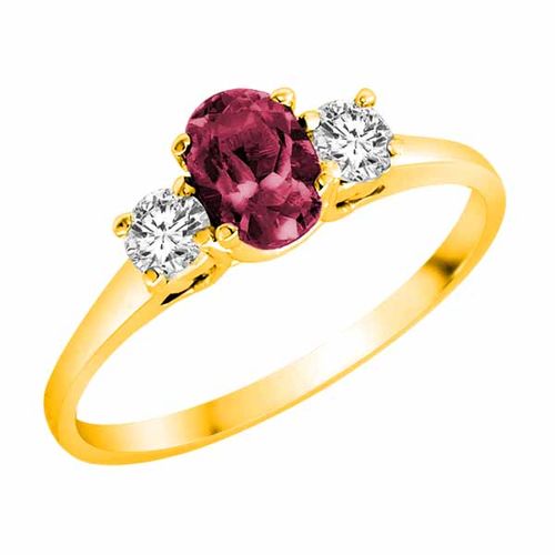 10K Yellow Gold 3 Stone Oval Created Pink Tourmaline and Round Diamond Ring (0.45 cttw)