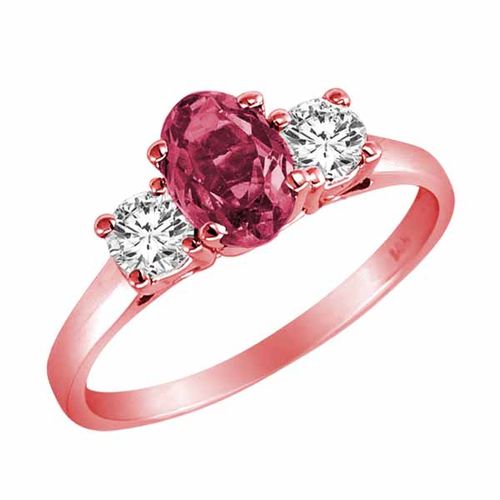 18K Rose Gold 3 Stone Oval Created Pink Tourmaline and Round Diamond Ring (0.95 cttw)