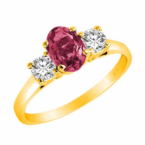 10K Yellow Gold 3 Stone Oval Created Pink Tourmaline and Round Diamond Ring (0.95 cttw)