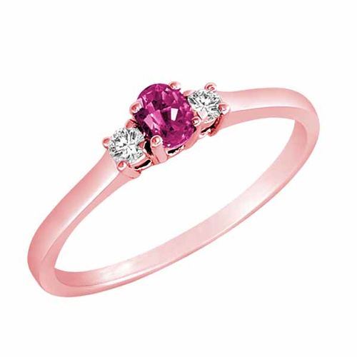 14K Rose Gold 3 Stone Oval Created Pink Sapphire and Round Diamond Ring (0.25 cttw)