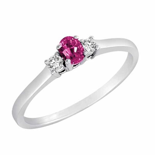 10K White Gold 3 Stone Oval Created Pink Sapphire and Round Diamond Ring (0.25 cttw)