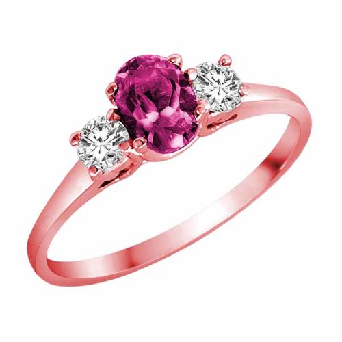 10K Rose Gold 3 Stone Oval Created Pink Sapphire and Round Diamond Ring (0.45 cttw)