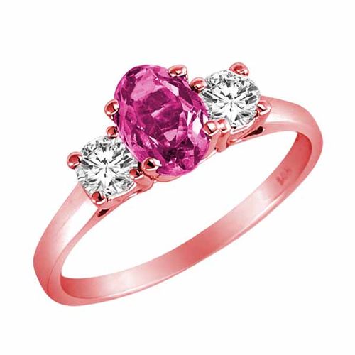 18K Rose Gold 3 Stone Oval Created Pink Sapphire and Round Diamond Ring (0.95 cttw)