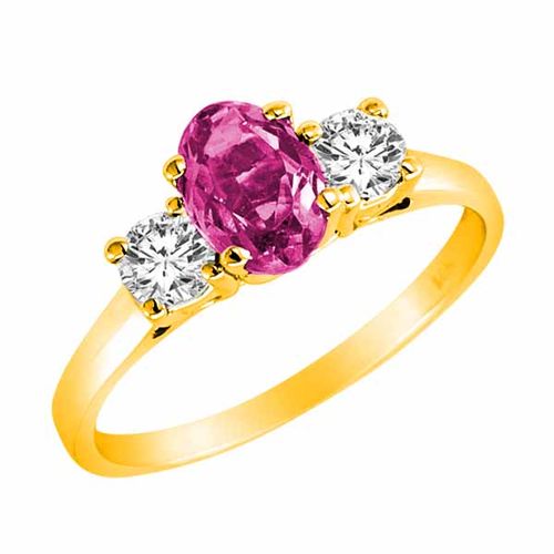 10K Yellow Gold 3 Stone Oval Created Pink Sapphire and Round Diamond Ring (0.95 cttw)
