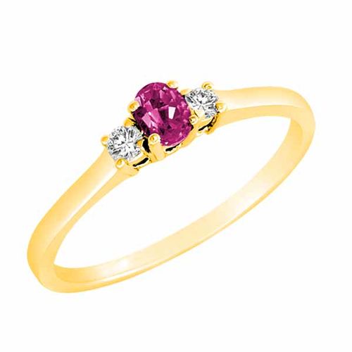 14K Yellow Gold 3 Stone Oval Created Pink Topaz and Round Diamond Ring (0.25 cttw)