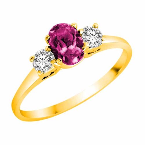 10K Yellow Gold 3 Stone Oval Created Pink Topaz and Round Diamond Ring (0.45 cttw)