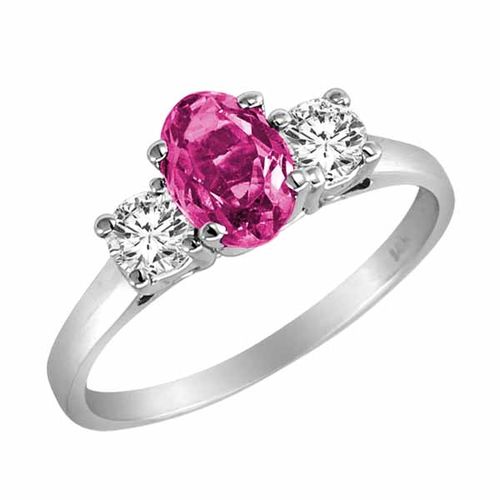 10K White Gold 3 Stone Oval Created Pink Topaz and Round Diamond Ring (0.95 cttw)