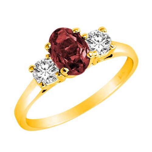 14K Yellow Gold 3 Stone Oval Ruby and Round Diamond Ring (0.95 cttw)